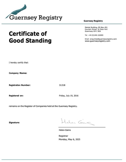 Download Guernsey certificate of good standing Word and PDF template Photoshop template
